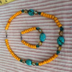 Made by hand Turquoise and orange beaded necklace and bracelet set